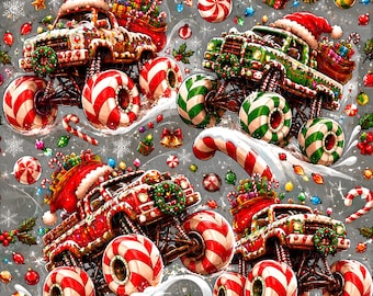 Christmas Monster Truck Seamless Pattern, Gingerbread Candy Cane Digital Paper, Kids Xmas Vehicle Repeat File Boys Sublimation Design