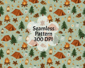 Camping Seamless Pattern: Campfire, Tent, Lantern (PNG, JPG Digital Download)
