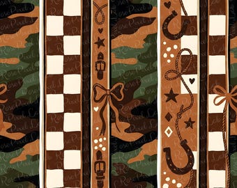 Western Coquette Seamless Pattern, Camo Cowgirl Digital Paper, Brown Checkerboard Stripe Repeat, Horseshoe Rodeo Fabric Design