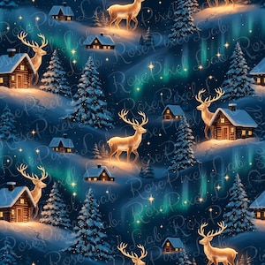 Może przedstawiać: Cyfrowa ilustracja przedstawia zimową scenerię z powtarzającym się wzorem domków, jeleni i drzew iglastych pod gwiaździstym niebem. Domki mają podświetlane okna, a jelenie duże rogi. Tło przedstawia zieloną i niebieską zorzę polarną.