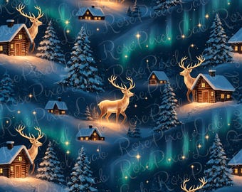 Reindeer Cabin Christmas Seamless Pattern, Nordic Winter Fabric (PNG, JPG)