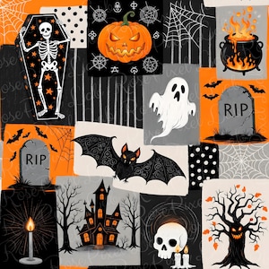 Op de afbeelding: Een patchwork ontwerp met Halloween-thema illustraties. Het ontwerp bevat een skelet in een kist, een pompoen, een spook, een vleermuis, een spookhuis, een grafsteen en een schedel. Het kleurenpalet is zwart, oranje, wit en grijs.