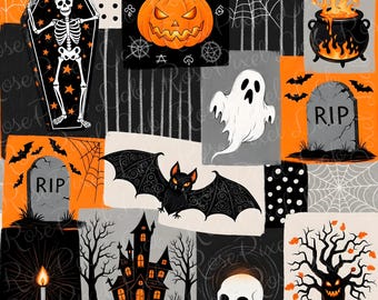 Halloween Patchwork Pattern, Bats, Ghosts, Webs (Digital Paper)