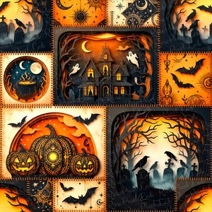 Puede incluir: Un patrón digital que presenta un mosaico de escenas de Halloween que incluyen una casa embrujada, un caldero burbujeante, calabazas talladas y un cementerio con cuervos y murciélagos, todo en un estilo de papel recortado en capas con tonos naranja y negro.