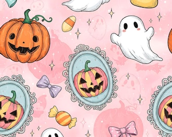 Pink Spooky Halloween Pattern, Girly Ghost Fabric Design (Digital Download)