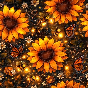 Könnte beinhalten: Ein digitales Kunstdesign mit Sonnenblumen mit herzförmigen Zentren, Schmetterlingen und Bienen mit leuchtenden Lichtern. Das Design hat einen dunklen Hintergrund mit kleinen weißen Blumen und Sternen.
