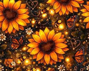 May include: A seamless pattern featuring vibrant yellow sunflowers with dark brown heart-shaped centers, orange monarch butterflies, and small bees carrying glowing orbs. The design includes white daisies, small golden stars, and dotted heart outlines on a dark background.