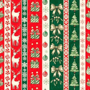 May include: A festive Christmas-themed fabric pattern featuring alternating vertical stripes. The design includes reindeer, wrapped gifts, ornaments, snowflakes, bows, mistletoe, and Christmas trees in red, green, and white. The overall theme is holiday cheer.
