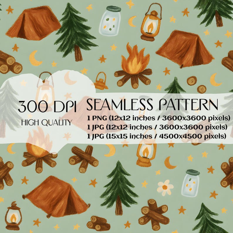 Camping Seamless Pattern: Campfire, Tent, Lantern (PNG, JPG Digital ...