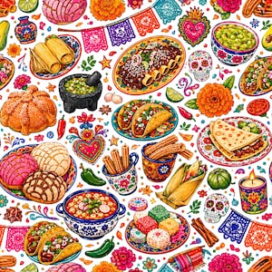 May include: A vibrant seamless pattern featuring Mexican cultural elements including tacos, tamales, churros, conchas, mole, guacamole, and pozole. The design includes colorful sugar skulls, marigold flowers, papel picado, and decorative hearts.