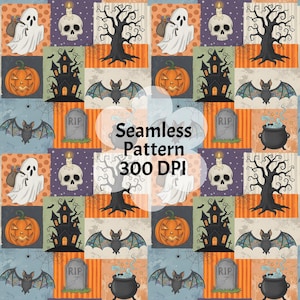 May include: A seamless Halloween pattern with ghosts, pumpkins, bats, haunted houses, tombstones, skulls with candles, and cauldrons. The design includes the text "Seamless Pattern 300 DPI" in a patchwork style with orange, purple, and blue backgrounds.