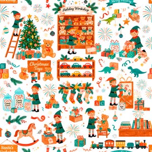 Puede incluir: Un patrón repetitivo con elfos en trajes verdes, osos de peluche, coches de juguete, bastones de caramelo y árboles de Navidad. El diseño incluye etiquetas de texto como Holiday Workshop, Christmas Toys y Santa's Workshop, además de regalos.