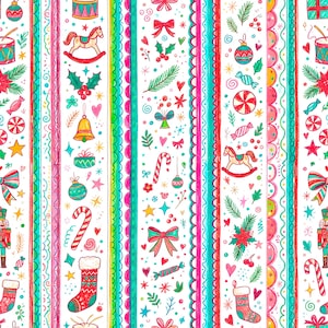 May include: A repeating vertical pattern featuring hand-drawn Christmas illustrations including rocking horses, candy canes, stockings, ornaments, bows, bells, and nutcrackers separated by colorful scalloped and striped decorative borders.