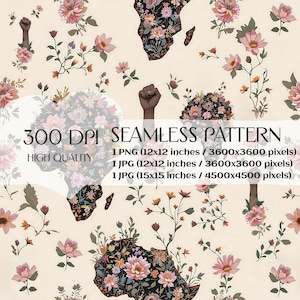 Floral Coquette Juneteenth Flowers Pattern Seamless Spring Black PNG JPG History Month File Fabric Pattern Digital Paper African American