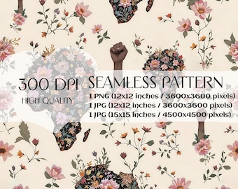 Floral Kokette Juni Blumen Muster Nahtlose Frühling Schwarz PNG JPG Geschichte Monat Datei Stoffmuster Digitales Papier Afroamerikaner