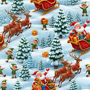 May include: A festive Christmas-themed illustration featuring Santa Claus in a red sleigh pulled by reindeer, surrounded by elves, gifts, and snow-covered pine trees. The scene is set in a winter wonderland with a light blue background.