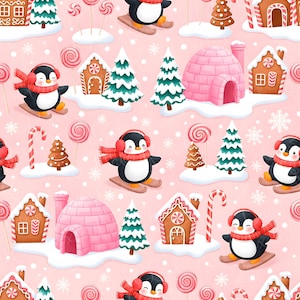 Pink Coquette Penguin Christmas Gingerbread Village Pattern Girly Winter Repeat File Candy Ice repeating digital paper