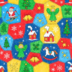May include: A colorful, patchwork-style Christmas-themed pattern. The design features various holiday elements like Santa Claus skiing, Christmas trees, angels, bells, houses, snowflakes, and stars, all set against a vibrant background of red, blue, yellow, and green.
