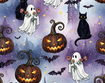 Halloween Ghost & Black Cat Seamless Pattern (PNG, JPG)