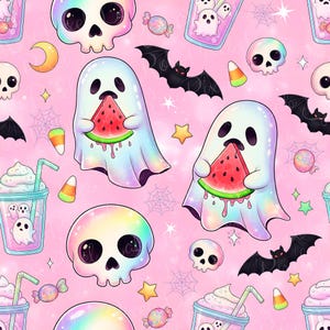 May include: A repeating pattern on a pink background featuring cartoon ghosts eating watermelon slices, skulls, bats, candy corn, and drinks with ghost faces. The ghosts and skulls have iridescent colouring.