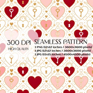 Puede incluir: Patrón sin costuras con corazones, llaves y cerraduras en rojo, rosa y blanco, con detalles dorados. El diseño incluye el texto "300 DPI SEAMLESS PATTERN HIGH QUALITY". Disponible en tamaños de 30.48 cm x 30.48 cm y 38.1 cm x 38.1 cm.