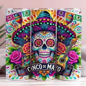 Cinco De Mayo Sugar Skull 20 oz Skinny Tumbler Wrap Sublimation Design Png, Mexican Skull Png, Skull with Flowers, Skeleton Tumbler Wrap PNG