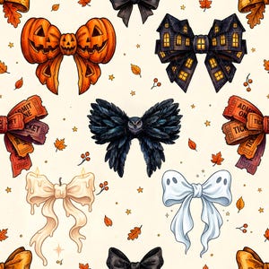 May include: A seamless pattern featuring various bow-shaped illustrations with Halloween themes, including orange jack-o'-lanterns, dark haunted houses, orange admission tickets, a black owl with feathered wings, melting candles, and white ghosts.
