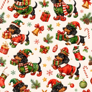 May include: A repeating pattern featuring black and tan dachshunds dressed as Christmas elves in red and green outfits with jingle bell hats. The design includes festive elements like wrapped gifts, candy canes, pine branches, and gold bells.