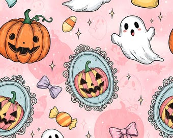 Watercolor Pumpkin Ghost Halloween Seamless Pattern (PNG JPG File)