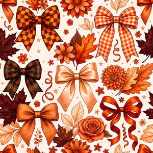 May include: A seamless pattern featuring various bows in shades of orange, brown, and cream. The bows have different patterns, including plaid and solid colors. The design also includes fall leaves, flowers, and decorative swirls, creating a festive autumn theme.
