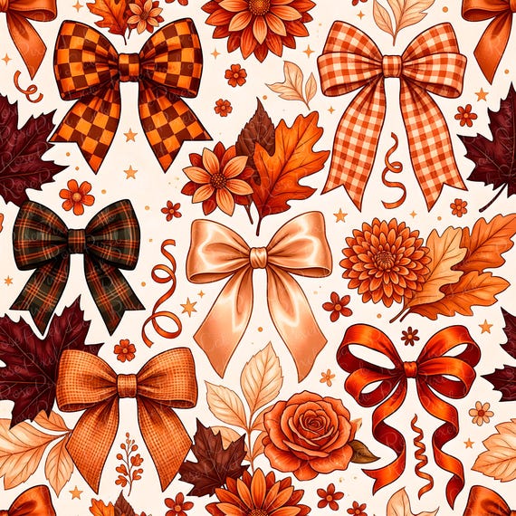 Autumn Bow Seamless Pattern, Gingham Ribbon Digital Paper, Coquette Fall Repeat, Floral Fabric Print