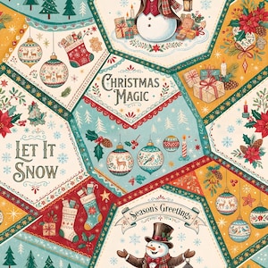 May include: A festive fabric pattern featuring a patchwork design of Christmas motifs including snowmen, ornaments, stockings, and poinsettias. The text reads Christmas Magic, Let It Snow, and Season's Greetings in a decorative script on a colorful background.