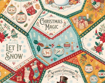 Christmas Cheater Quilt Seamless Pattern, Vintage Patchwork Holiday Fabric, Retro Snowman Digital Paper, Xmas Repeat File
