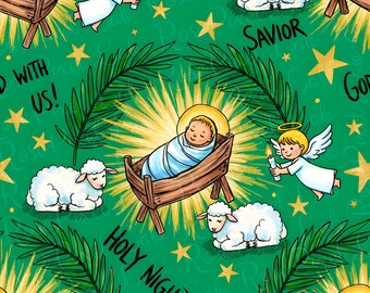 Green Baby Jesus Christmas Nativity Scallop Seamless Pattern Digital Paper Download  Holy Birth Fabric Surface Faith File Neutral