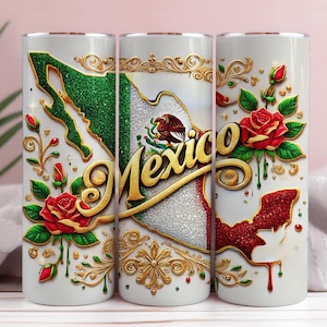 May include: Three white stainless steel tumblers with a gold and green design featuring a map of Mexico with the word "Mexico" in gold lettering. The design also includes red roses and gold floral accents.