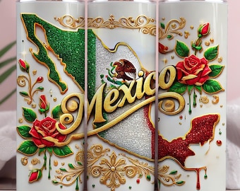 Gold Glitter Mexico Map Tumbler Wrap, Roses (PNG Digital Download)