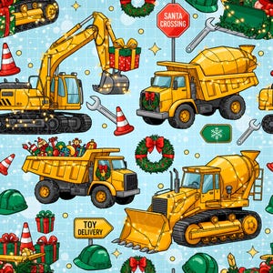 May include: A repeating pattern featuring yellow construction vehicles decorated with Christmas lights, wreaths, and gifts. Includes a Santa Crossing sign and Toy Delivery sign, set against a light blue grid background.