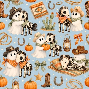 Può includere: Un motivo continuo su sfondo azzurro con fantasmi dei cartoni animati con cappelli da cowboy, cavalli scheletro, zucche, stivali da cowboy marroni, ferri di cavallo, lazi, lanterne, cactus, coperte decorate e fiocchi arancioni e verdi.