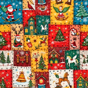 Op de afbeelding: Een patchworkquilt met kerstthema-illustraties. Kerstman op ski's, engelen, kerstbomen, huizen en rendieren worden in verschillende kleuren afgebeeld. De quilt is gemaakt van vierkanten die met witte draad aan elkaar zijn gestikt, wat een feestelijk ontwerp creëert.