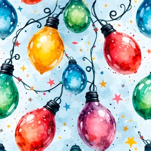 Può includere: Un motivo continuo con lampadine colorate e lucide nelle tonalità rosso, giallo, verde, blu e viola, collegate da fili neri su uno sfondo azzurro decorato con piccole stelle multicolori sparse su tutta la superficie.