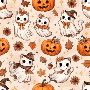 Könnte beinhalten: Ein sich wiederholendes Muster mit Cartoon-Katzen, die als Geister, Kürbisse, Herbstblätter und Blumen verkleidet sind. Die Katzen tragen Hüte, Schals und Schleifen. Die Kürbisse haben geschnitzte Gesichter. Die Farbpalette umfasst Orange, Braun und Creme.