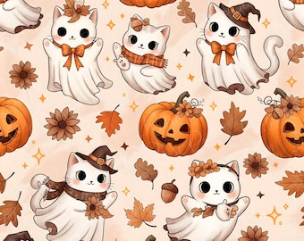 Cat Ghost Halloween Seamless Pattern, Autumn Leaves (PNG, JPG)