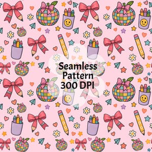 Pink Coquette Retro Teacher Seamless Pattern Teacher Digital paper Retro Back to School Seamless file Teacher Png Digital Repeat pattern