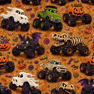 Spooky Monster Truck Seamless File, Kids spooky Repeat Pattern for Fabric & Digital Paper, Boys Halloween Fabric Design