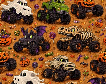 Spooky Monster Truck Seamless File, Kids spooky Repeat Pattern for Fabric & Digital Paper, Boys Halloween Fabric Design
