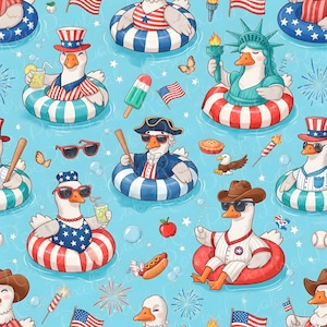 May include: A whimsical pattern featuring cartoon geese in patriotic attire, floating in inner tubes. The geese are dressed as Uncle Sam, the Statue of Liberty, and baseball players, with American flags, fireworks, and food items scattered throughout.