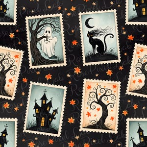 May include: A repeating pattern of vintage-style postage stamps with Halloween-themed illustrations. The stamps feature images of a ghost, a black cat under a crescent moon, a haunted house, and a bare tree with orange leaves, set against a black background.
