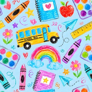 Può includere: Uno sfondo azzurro con un motivo ripetuto di illustrazioni a tema scolastico. Il design include un autobus giallo, un arcobaleno, pastelli, quaderni, cuori, stelle, fiori, aeroplanini di carta, una mela rossa e tavolozze di acquerelli.