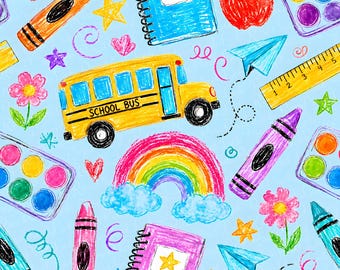 May include: A repeating pattern on a light blue background featuring crayon-style illustrations of a yellow school bus, colorful rainbows, red apples, spiral-bound notebooks, watercolor paint sets, rulers, paper airplanes, and flowers.