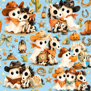 May include: A repeating pattern on a light blue background featuring cartoon ghosts wearing cowboy hats and bandanas, skeleton horses, pumpkins, lanterns, cacti, horseshoes, ropes, and stars in a western-themed illustration.